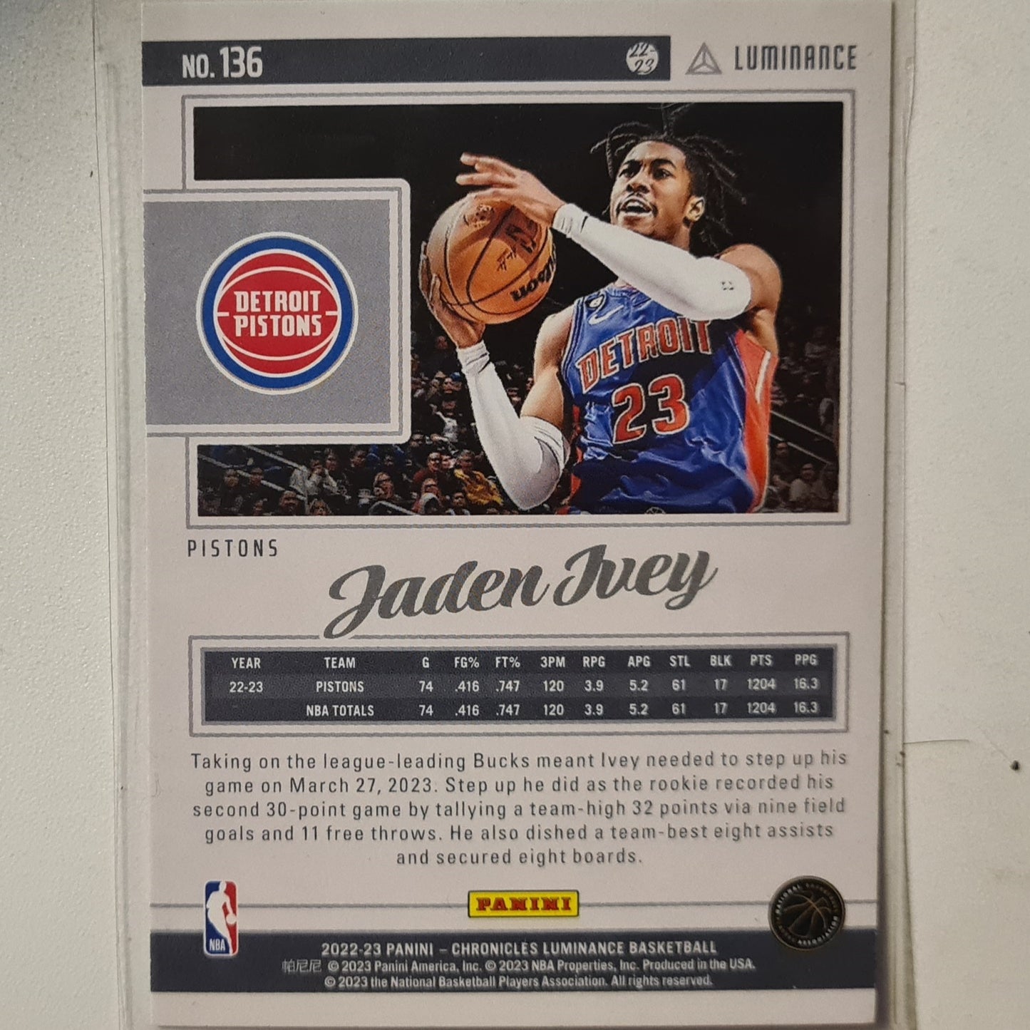 Jaden Ivy 2022-23 Panini Donruss Luminance RC rookie #136 NBA Basketball Detroit Pistons Excellent