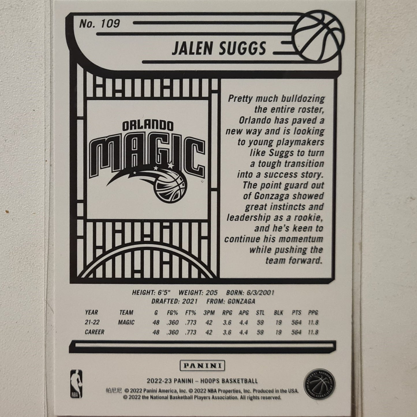 Jalen Suggs 2022-23 Panini Hoops #109 NBA Basketball Orlando Magic Mint
