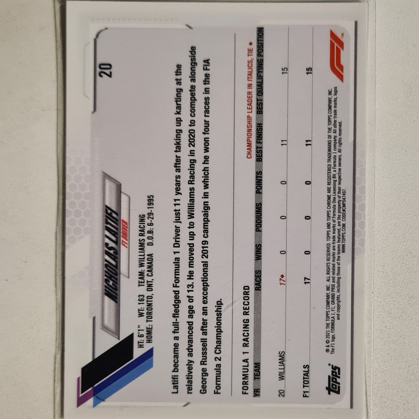 Nicholas Latifi 2021 Topps Chrome Rookie RC #20 F1 Formula one Williams Team Excellent/mint sleeved
