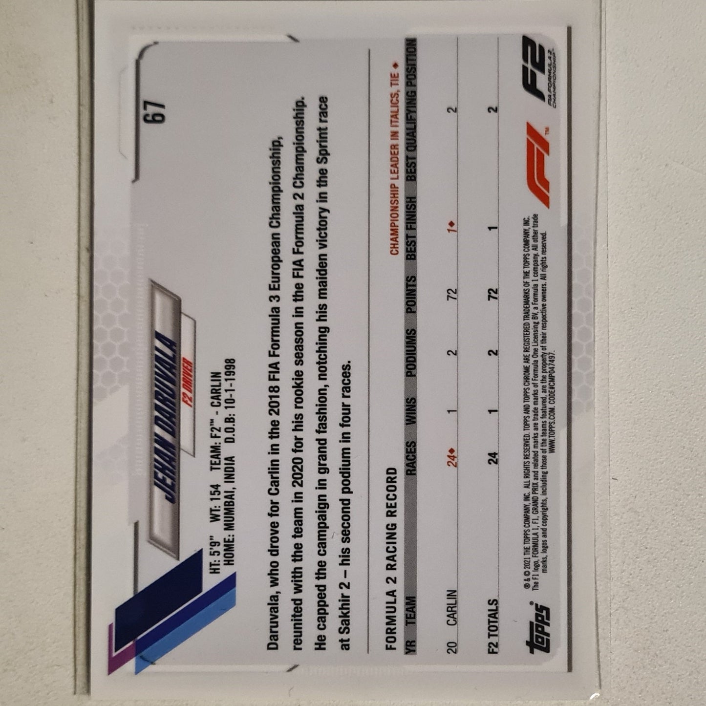 Jehan Daruvala 2021 Topps Chrome Future stars f2 #67 F1 Formula F2 Carlin Team Excellent/mint sleeved