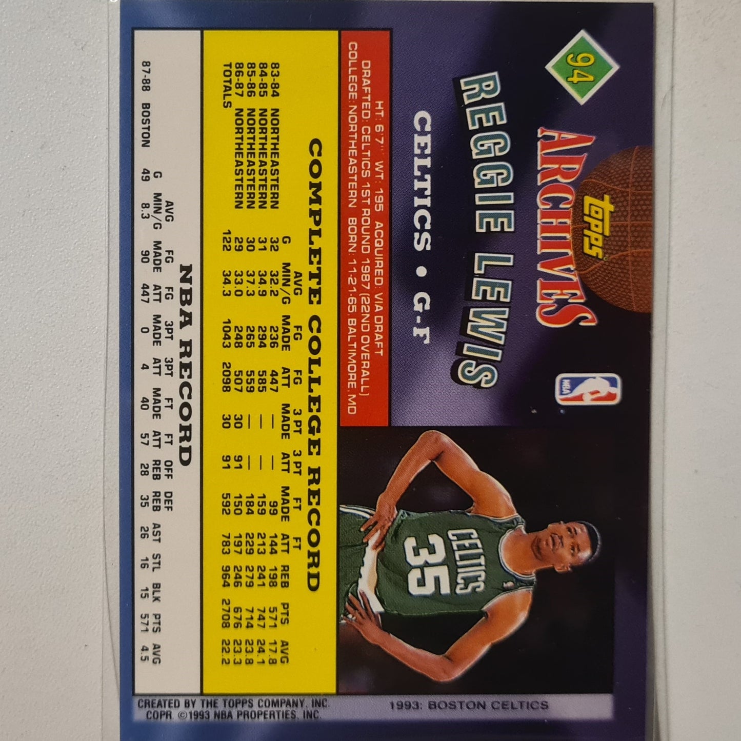 Reggie Lewis 1993 Topps Rookie Archives Gold variant RC #94 NBA Basketball Boston Celtics Excellent Sleeved