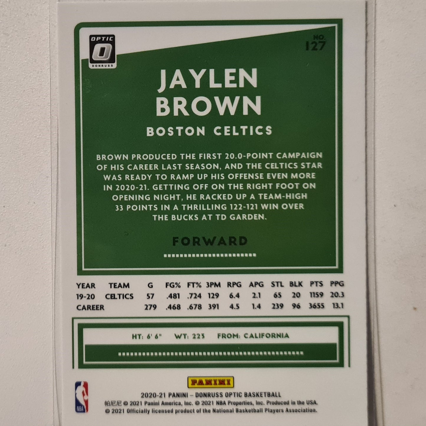 Jaylen Brown 2020-21 Panini Donruss Optic #127 NBA Basketball Boston Celtics Excellent