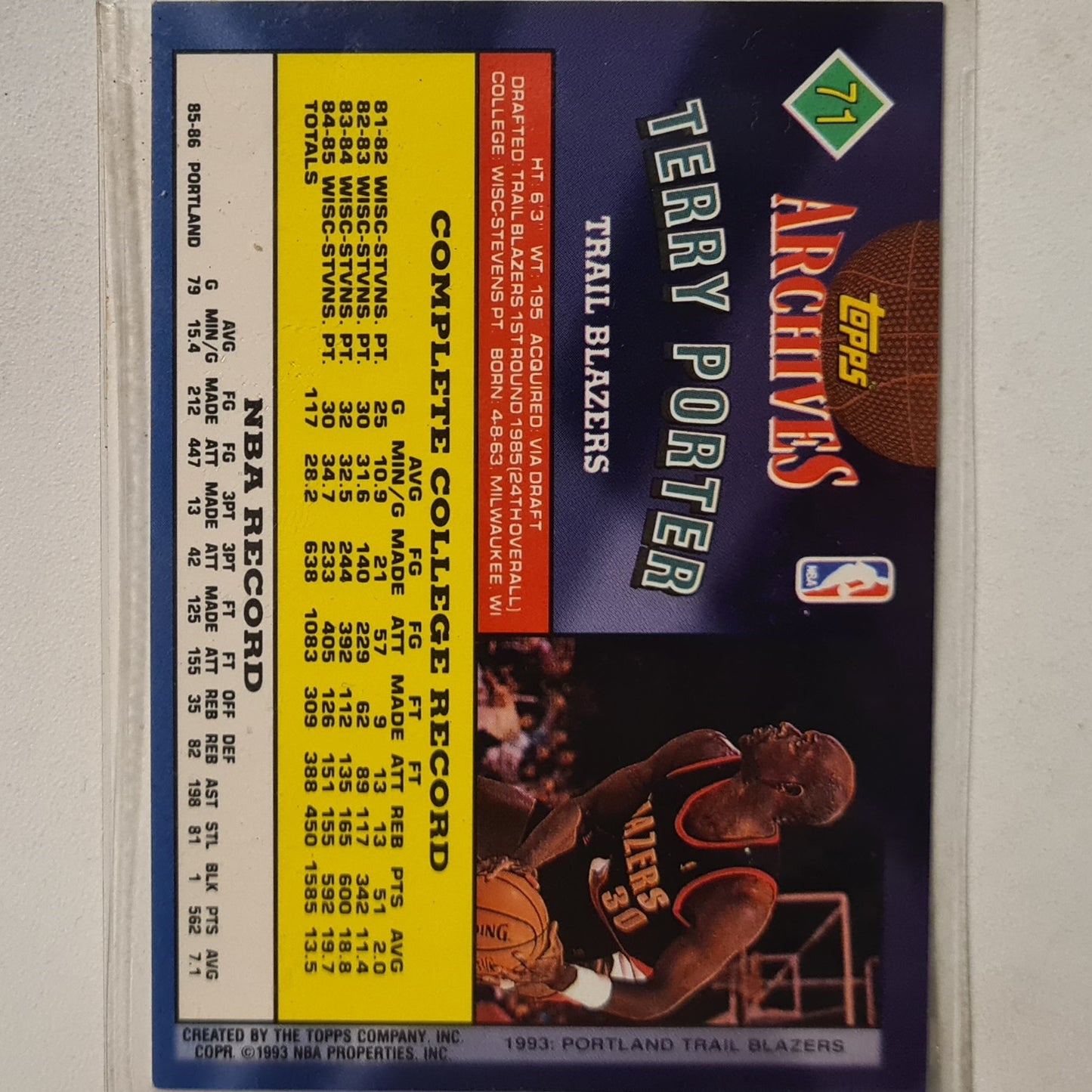 Terry Porter 1993 Topps Rookie Archives Gold variant #71 Portland Trail Blazers Excellent Sleeved