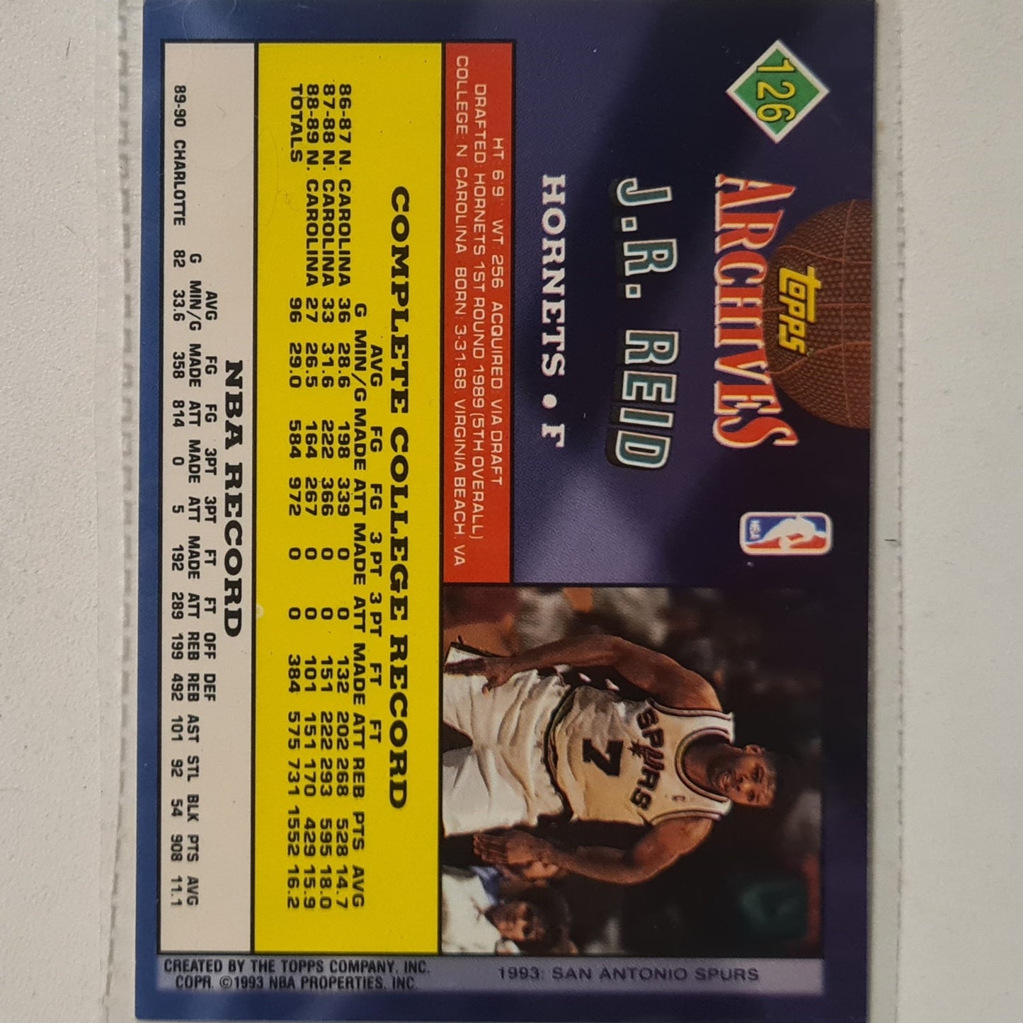 JR Reid 1993 Topps Rookie Archives Gold variant #126 Charlotte Hornets Excellent Sleeved