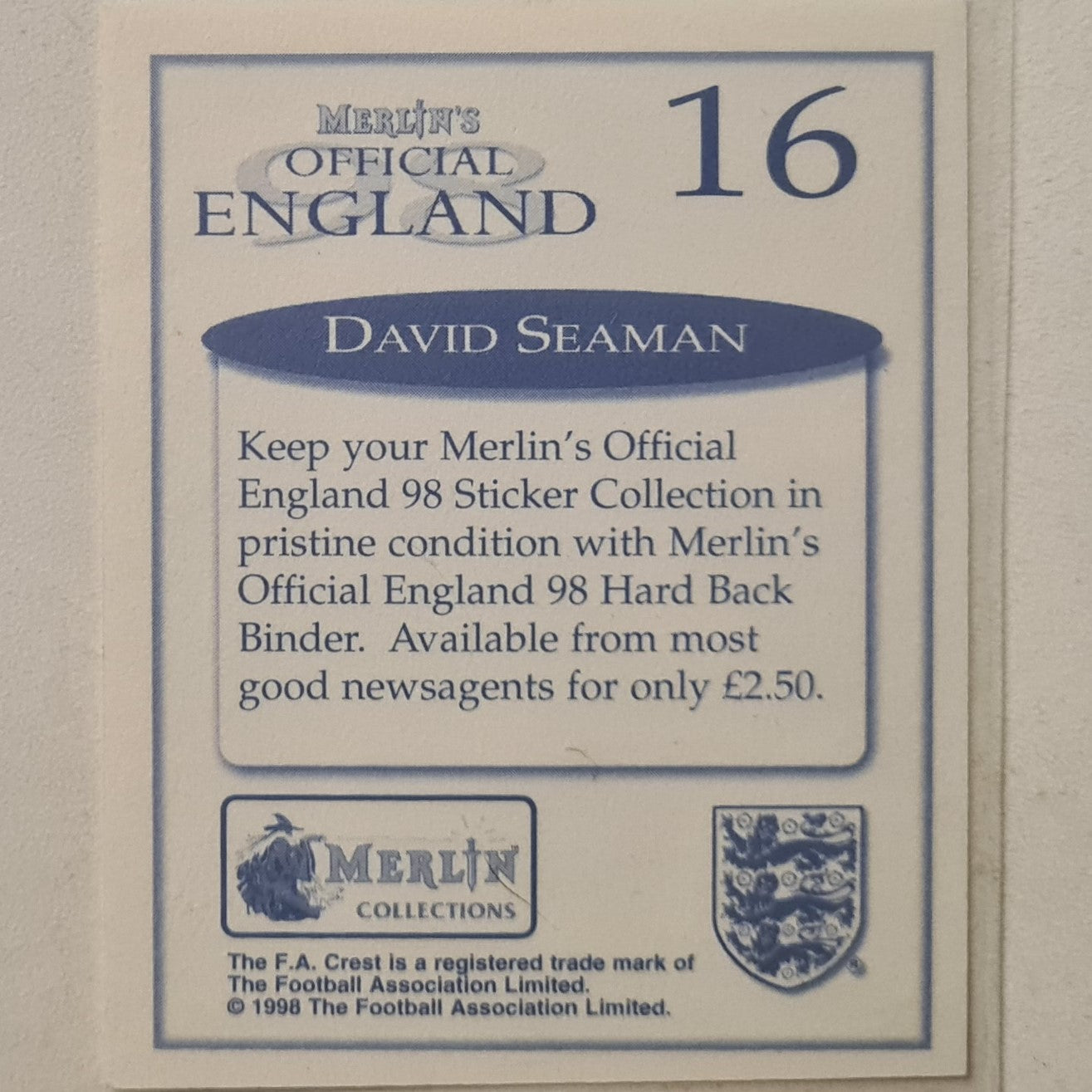 David Seaman 1998 Merlin Official England sticker #16 Soccer Football Arsenal very good sleeved