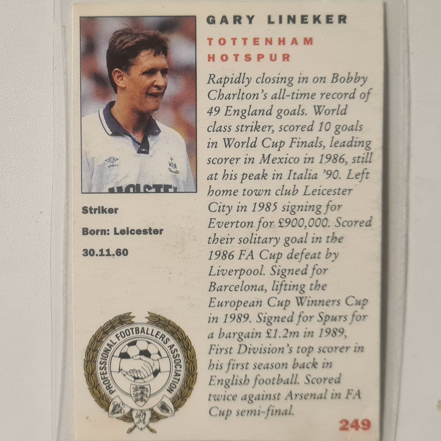 Gary Lineker 1992 Panini 92 #249 Football Soccer Tottenham good sleeved