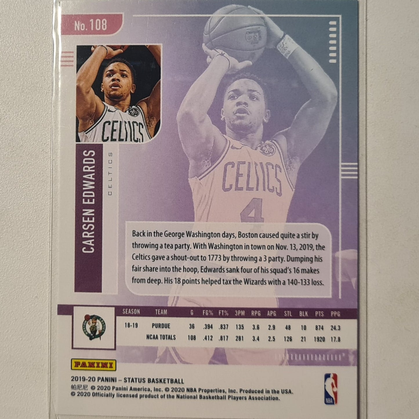 Carsen Edwards 2019-20 Panini Status Rookie RC #108 NBA Basketball Boston Celtics excellent sleeved