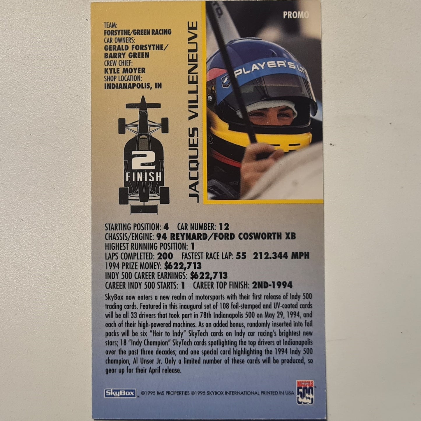 Jacques Villeneuve 1995 Skybox Promo card Indy 500 pre F1 very good/excellent sleeved