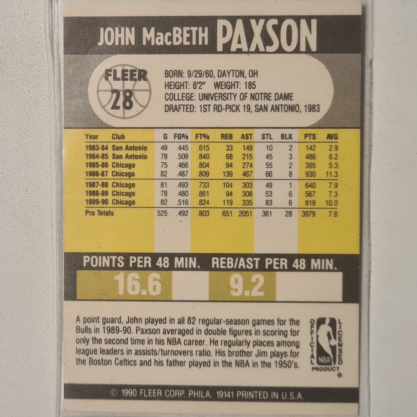 John Paxson 1990 Fleer #28 NBA Basketball Chicago Bulls Excellent Sleeved