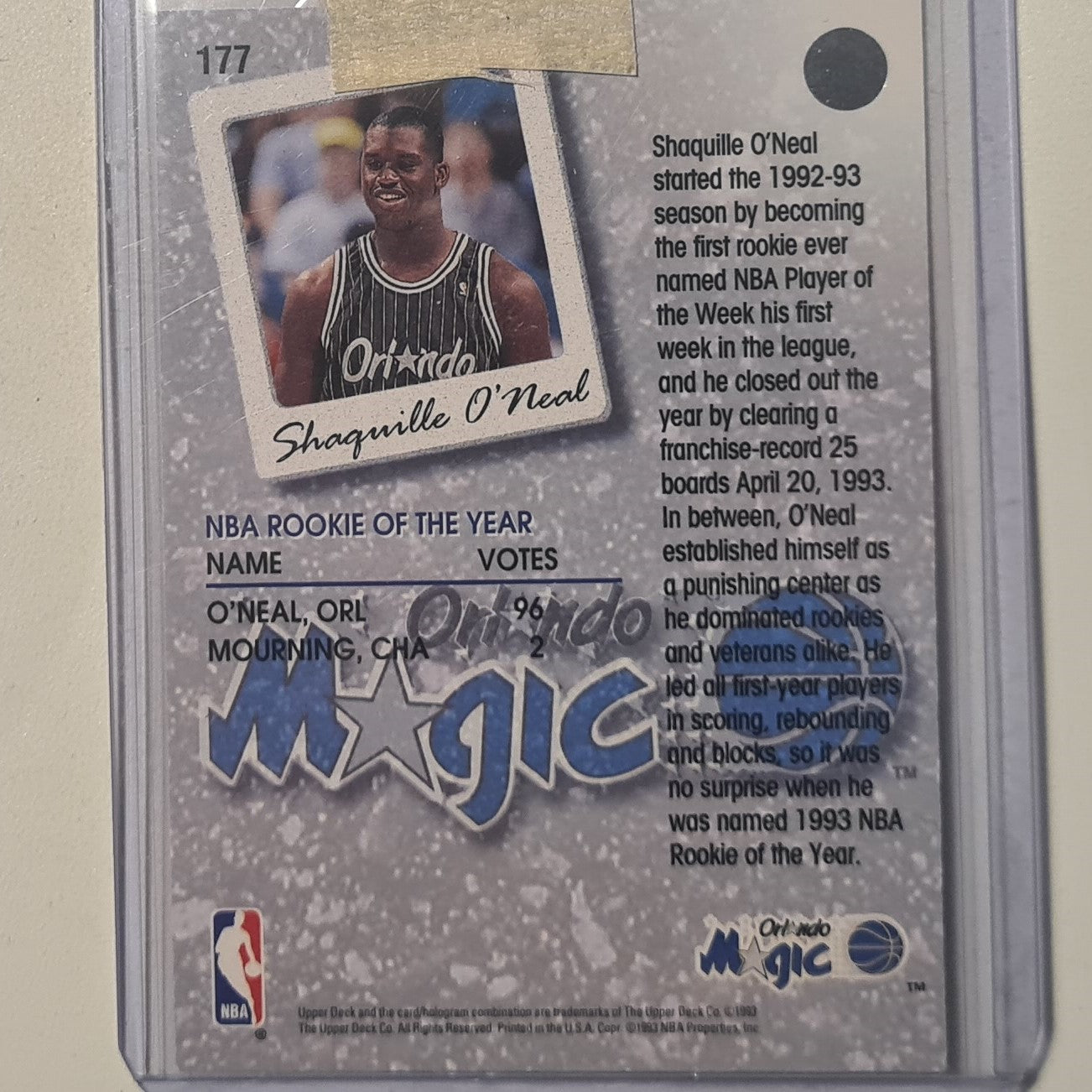 Shaquille O'Neal 1993 Topps season leaders rookie of the year #177 NBA Basketball Orlando Magic sleeved