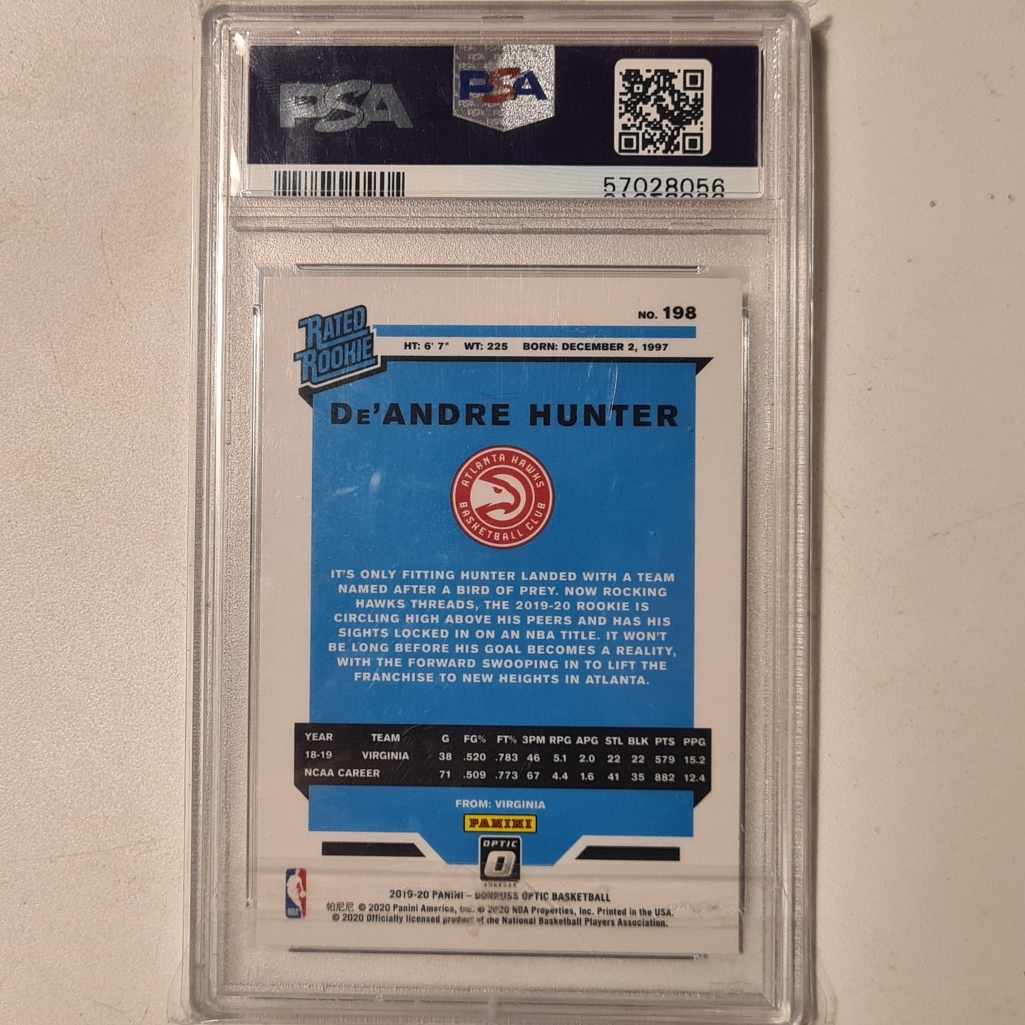 De'Andre Hunter 2019-20 Panini Donruss Optic Rated rookie RC #198 NBA Basketball Atlanta Hawks PSA 9 GRADED SLAB
