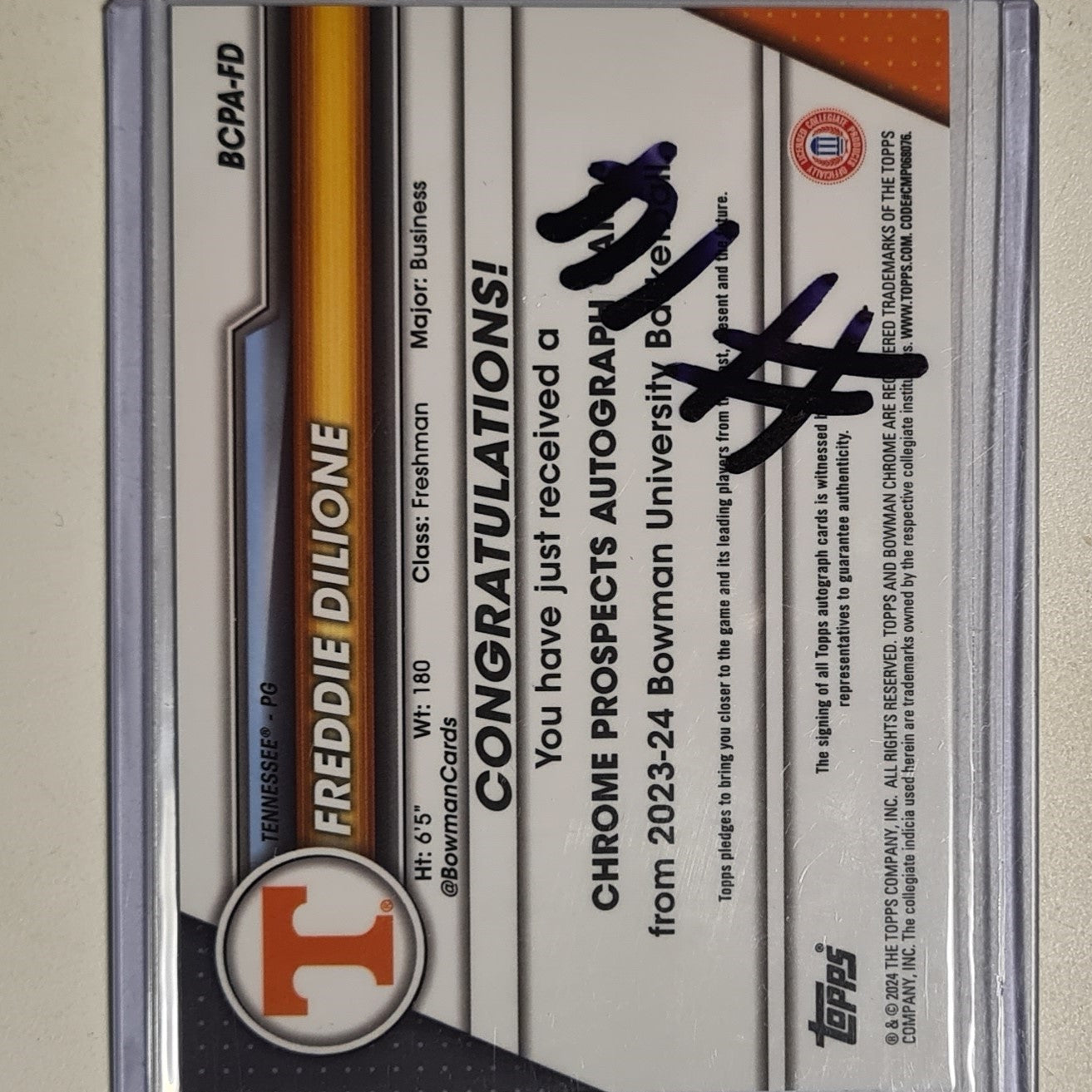Freddie Dilione 2024 Topps bowman University Chrome 1ST Auto BCPA-FD Basketball Tennessee excellent sleeved