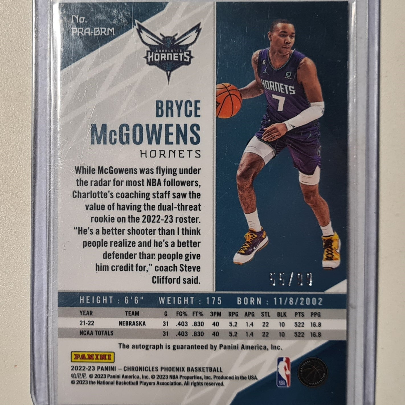 Bryce McGowens 2022-23 Panini chronicles phoenix RC Auto numbered 55/99 PRA-BRM NBA Basketball Charlotte Hornets Excellent