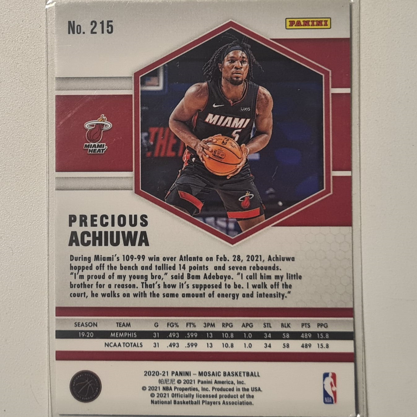 Precious Achiuwa 2020-21 Panini Mosaic Rookie RC #215 NBA Basketball Miami Heat Excellent/mint sleeved