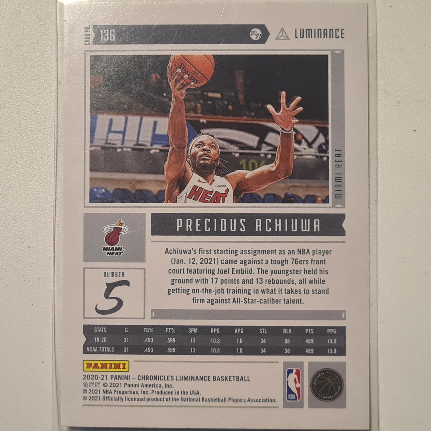 Precious Achiuwa 2020-21 Panini Chronicles Luminance Rookie RC #136 NBA Basketball Miami Heat Excellent/mint sleeved