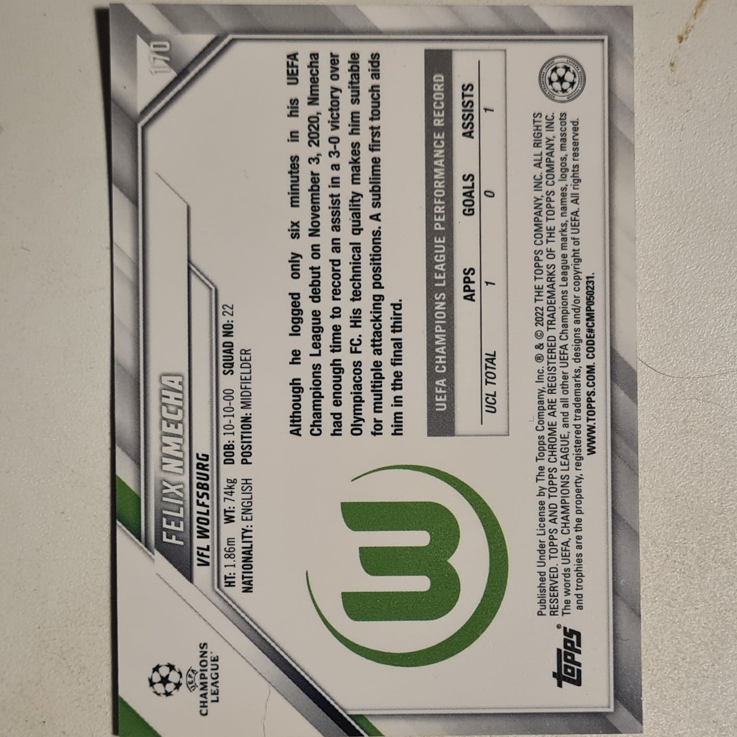 Felix Nmecha 2022 Topps Chrome champions league Rookie RC #170 Soccer Football Wolfsburg Excellent sleeved