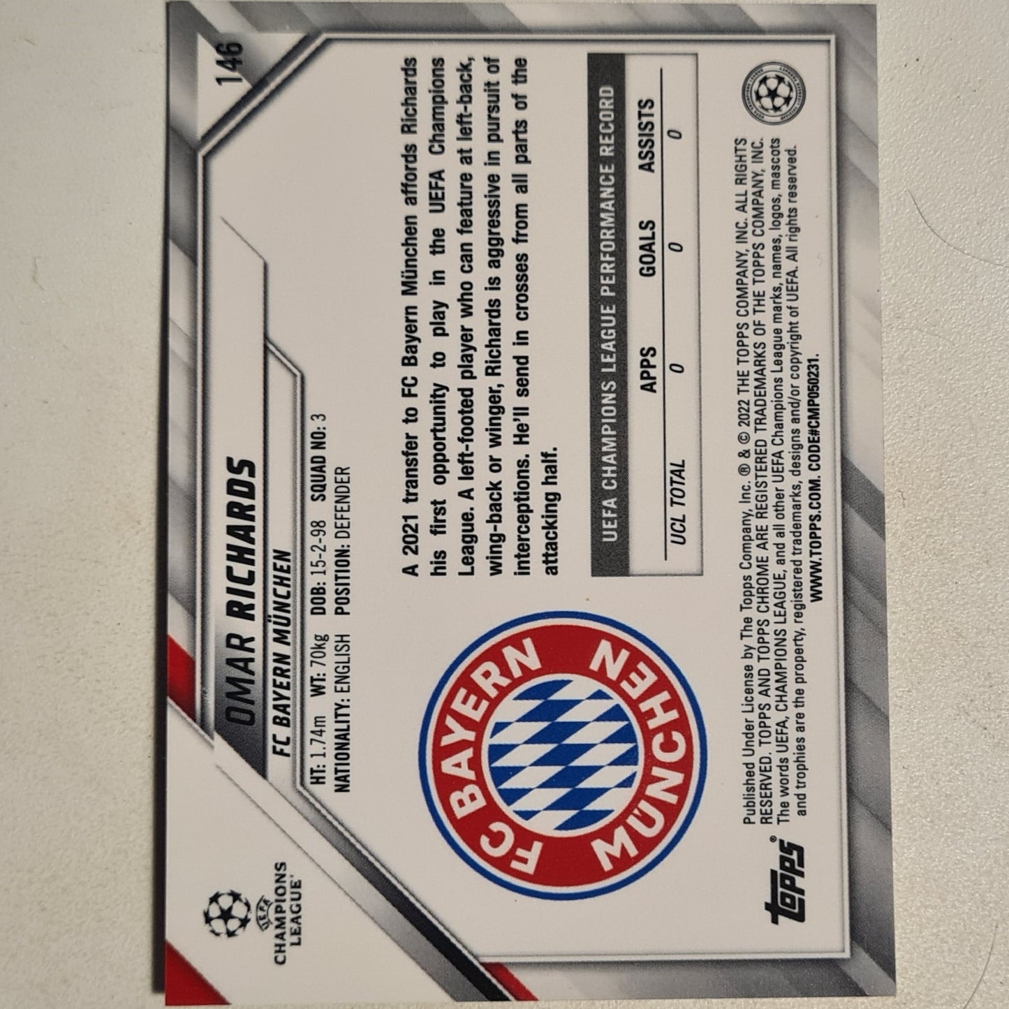 Omar Richards 2022 Topps Chrome champions league Rookie RC #146 Soccer Football Bayern Munich Excellent sleeved