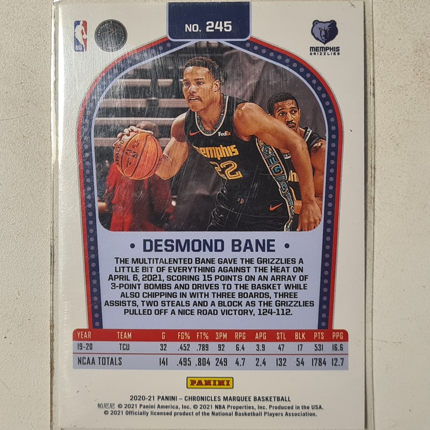 Desmond Bane 2020-21 Panini Chronicles Marquee Rookie RC #245 NBA Basketball Memphis Grizzlies Excellent sleeved