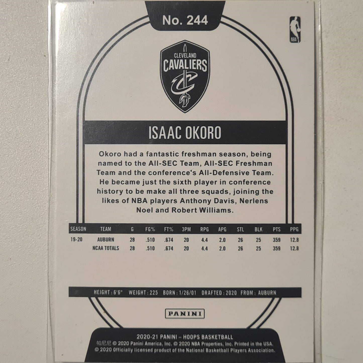 Isaac Okoro 2020-21 NBA Hoops Rookie RC #244 NBA Basketball Cleveland Cavaliers Excellent/mint sleeved