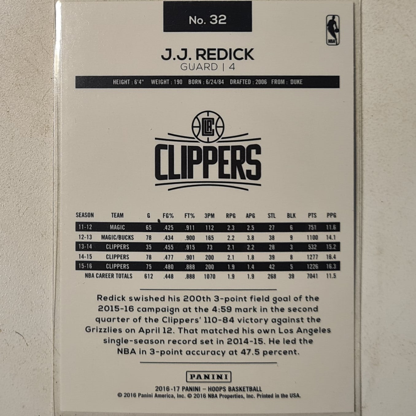 JJ Redick 2016-17 Panini NBA Hoops #32 NBA Basketball LA Clippers Excellent sleeved