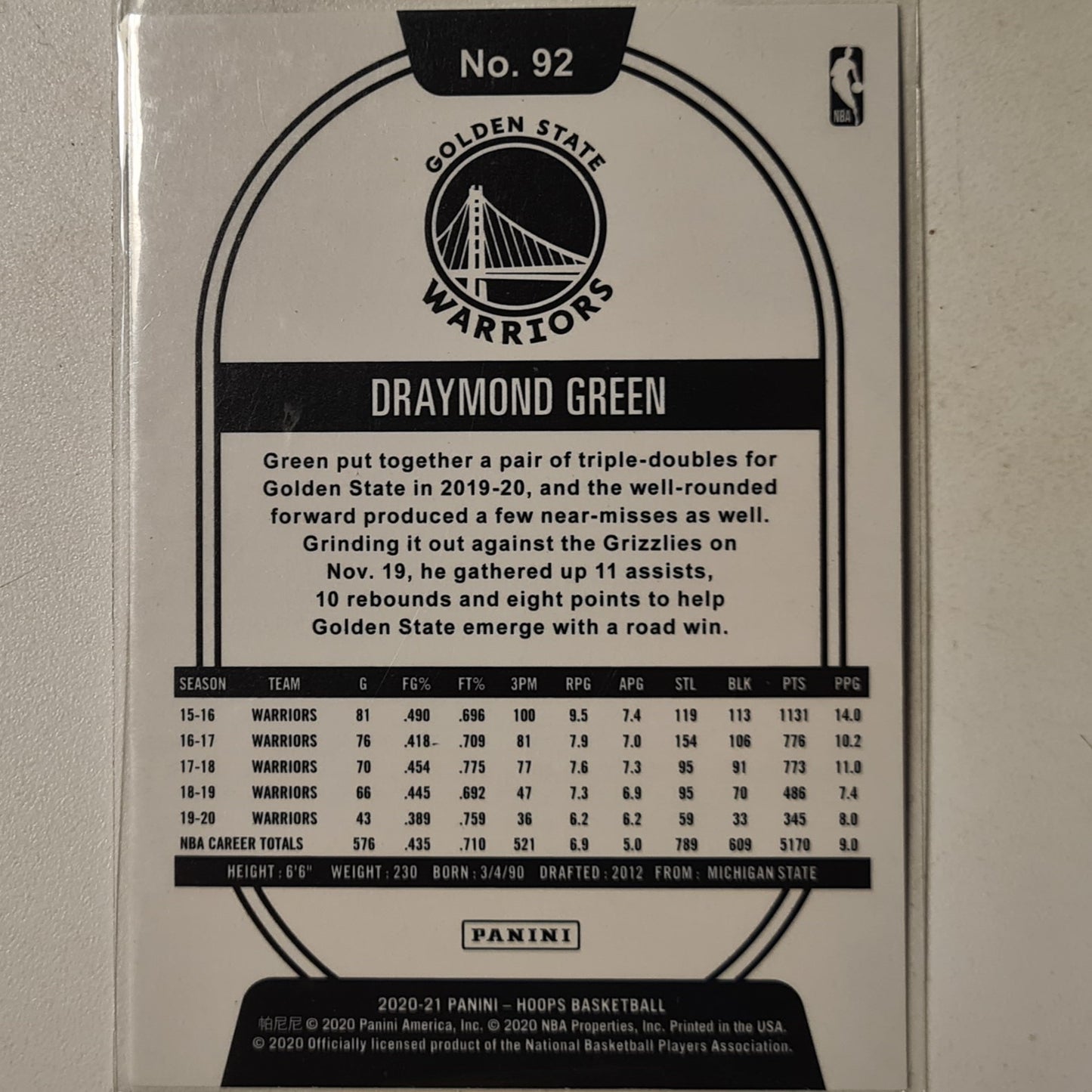 Draymond Green 2020-21 Panini NBA Hoops #92 NBA Basketball Golden State Warriors Excellent sleeved