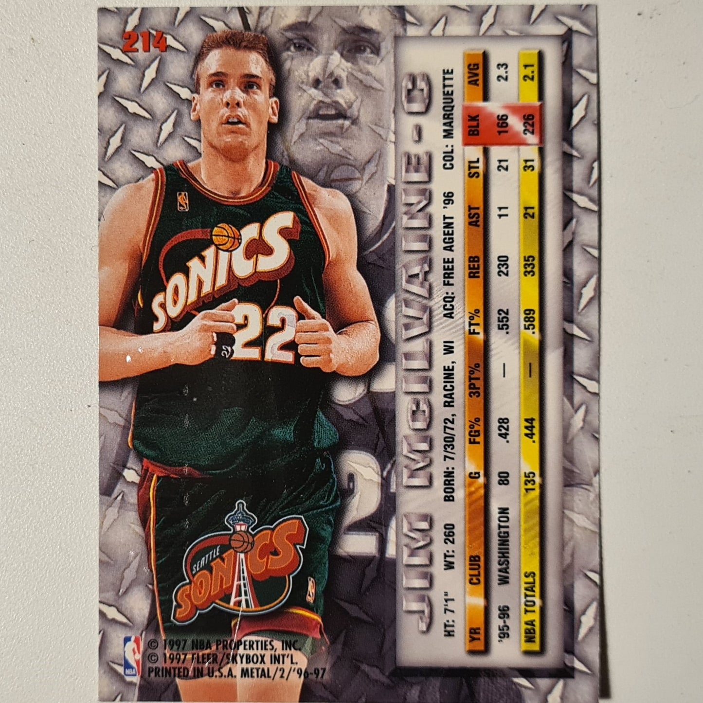 Jim McIlvaine 1997 Fleer Metal 96-97#214 NBA Basketball Seattle Super Sonics Excellent sleeved