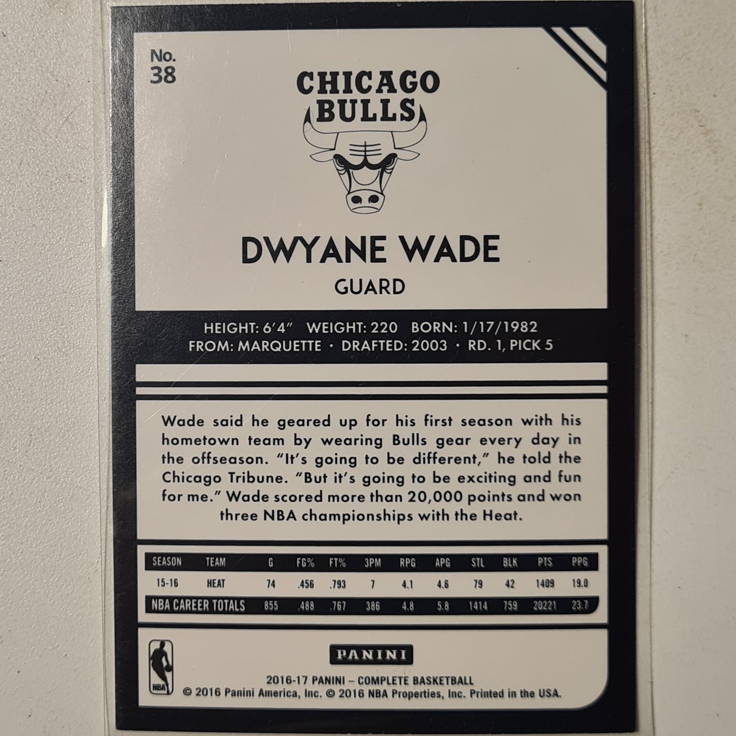 Dwayne Wade 2016-17 Panini Complete #38 NBA Basketball Chicago Bulls Excellent+