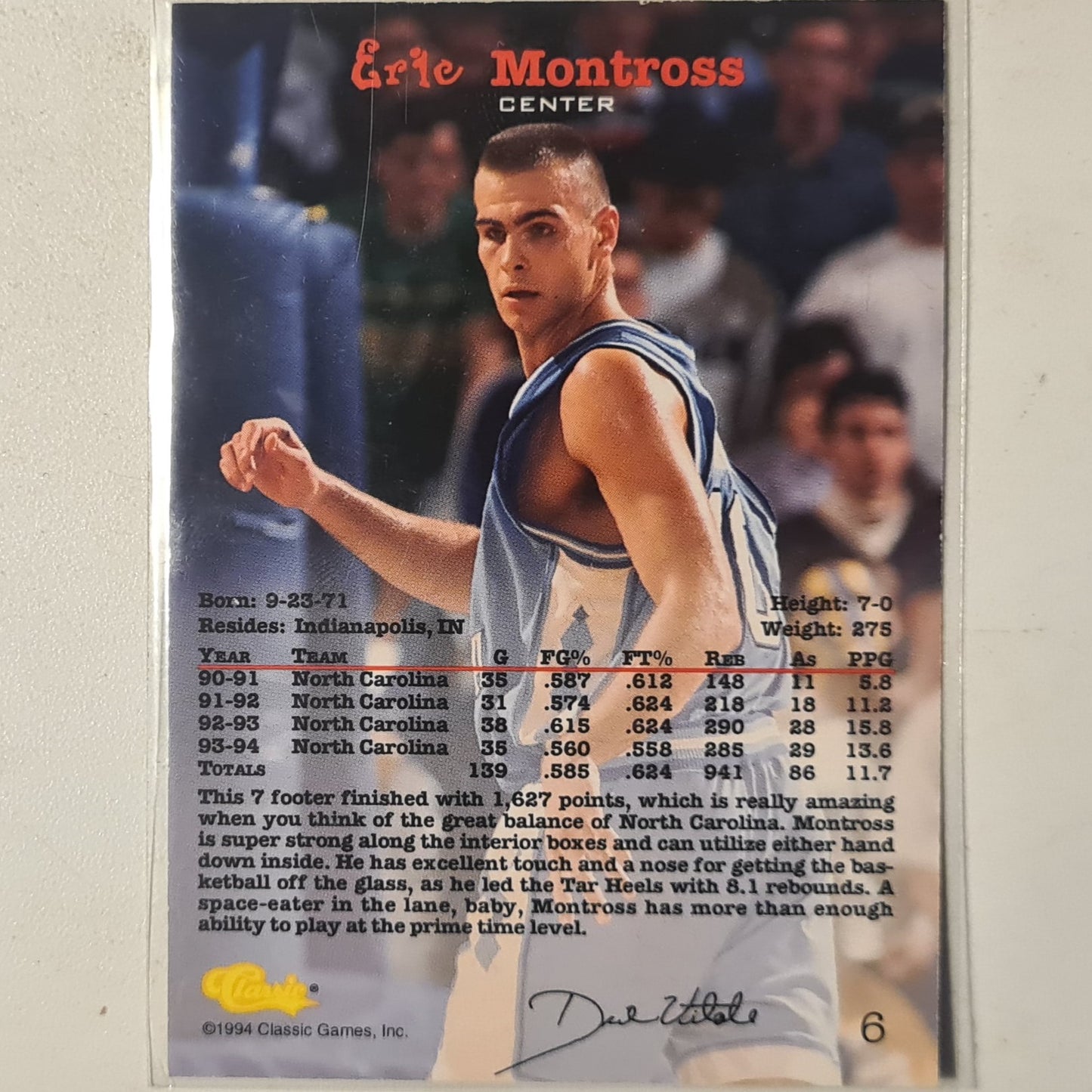 Eric Montross 1994 Classic Rookie RC #6 NBA Basketball North Carolina Excellent