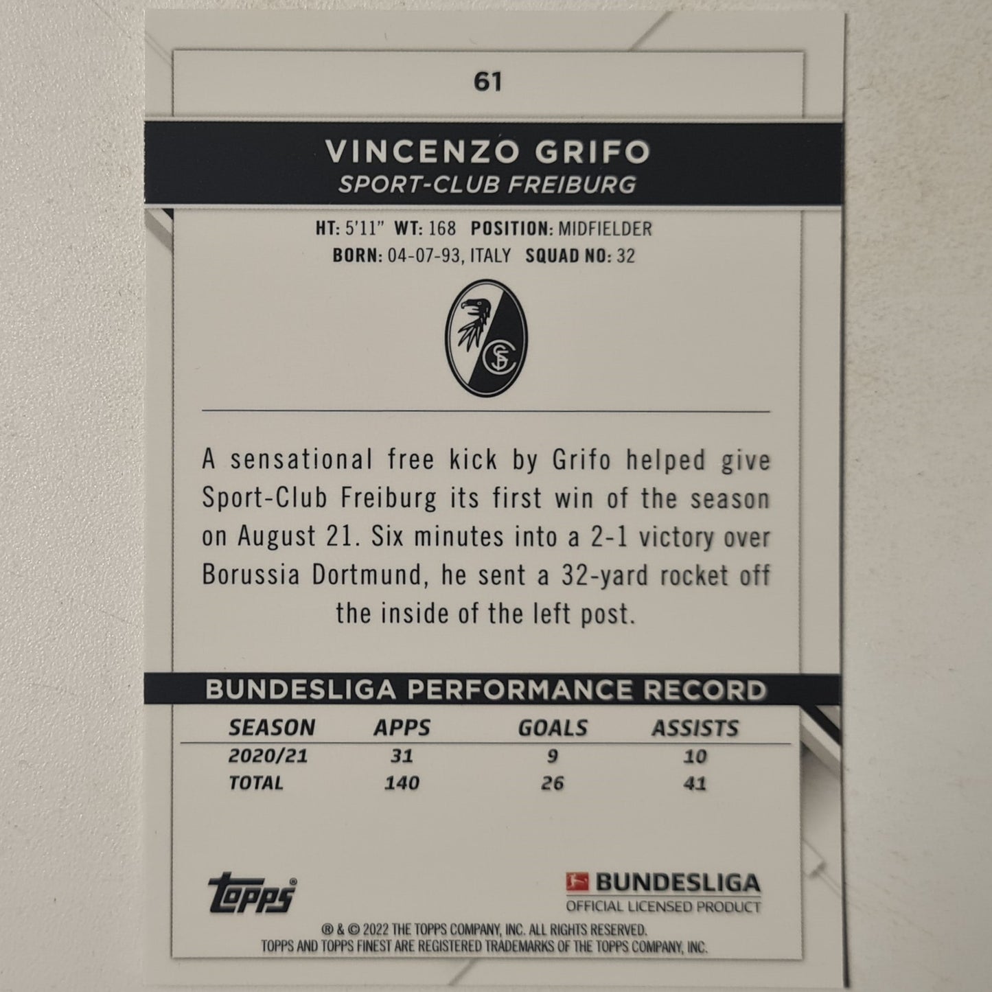 Vincenzo Grifo 2022 Topps Finest Bundesliga #61 Football Freiburg Excellent sleeved
