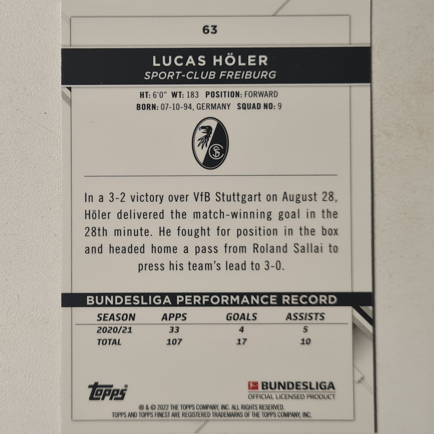 Lucas Holer 2022 Topps Finest Bundesliga #63 Football Freiburg Excellent sleeved