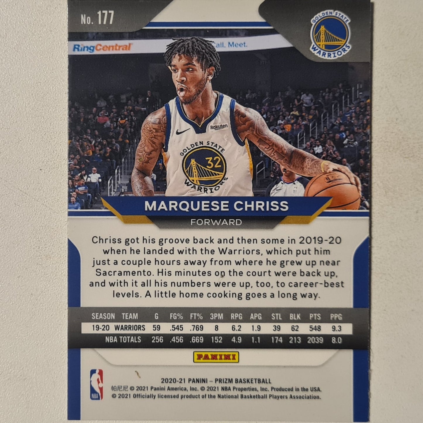 Marquese Chriss 2020-21 Panini Prizm #177 NBA basketball Golden State Warriors Excellent sleeved