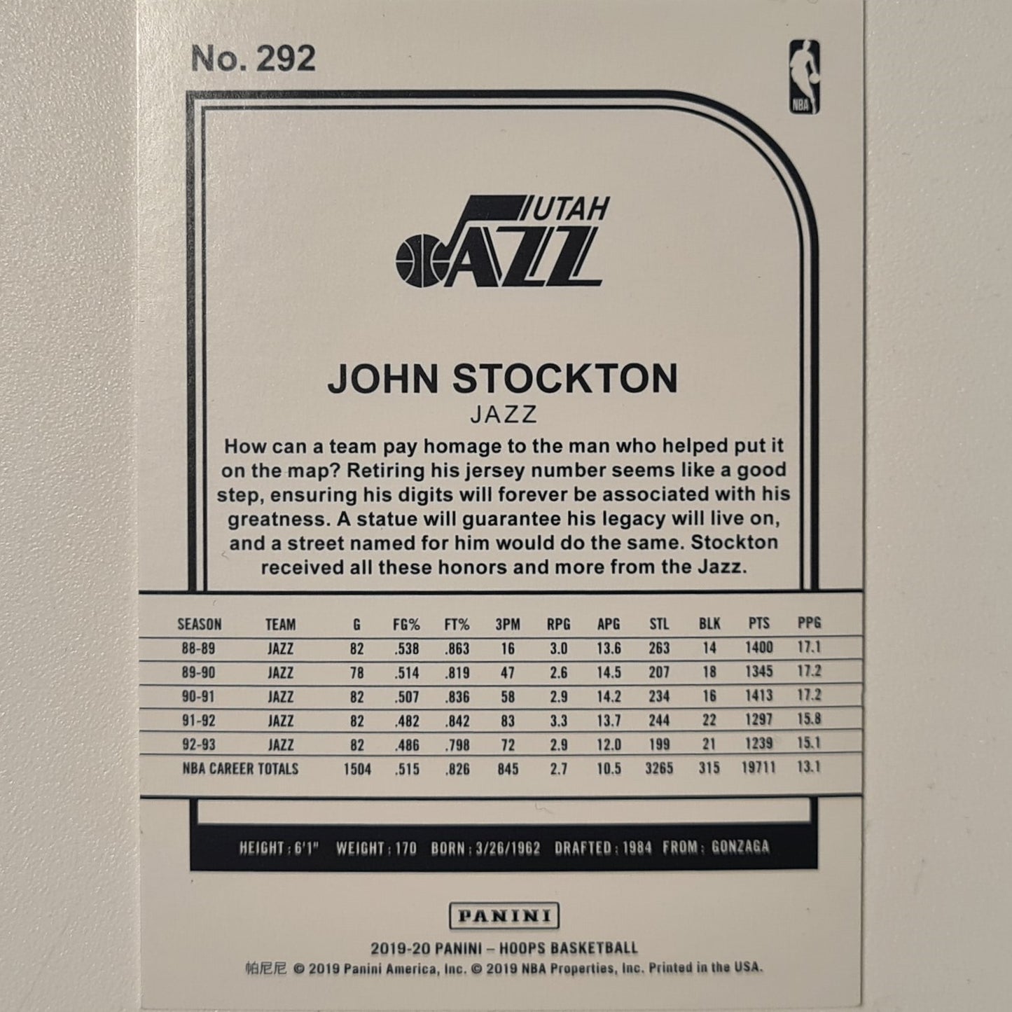 John Stockton 2019-20 Panini NBA Hoops tribute #292 NBA Basketball Utah Jazz excellent Sleeved