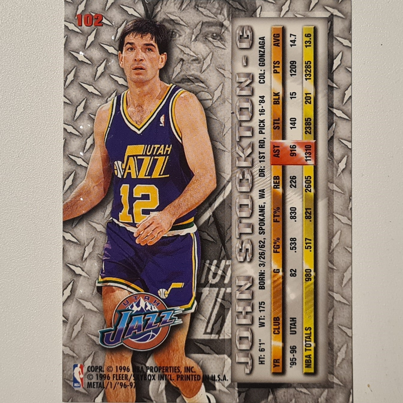 John Stockton 1996 Fleer Metal 96-97 #102 NBA Basketball Utah Jazz Excellent/mint Sleeved