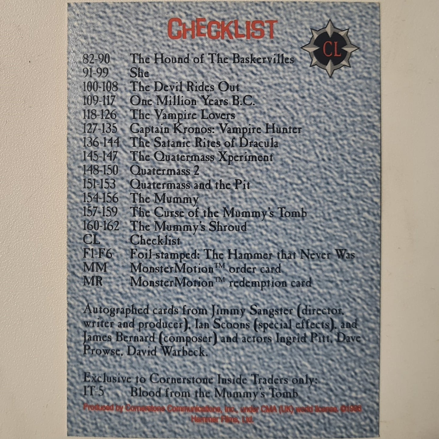 Hammer Horror checklist series two card 1996 card excellent example