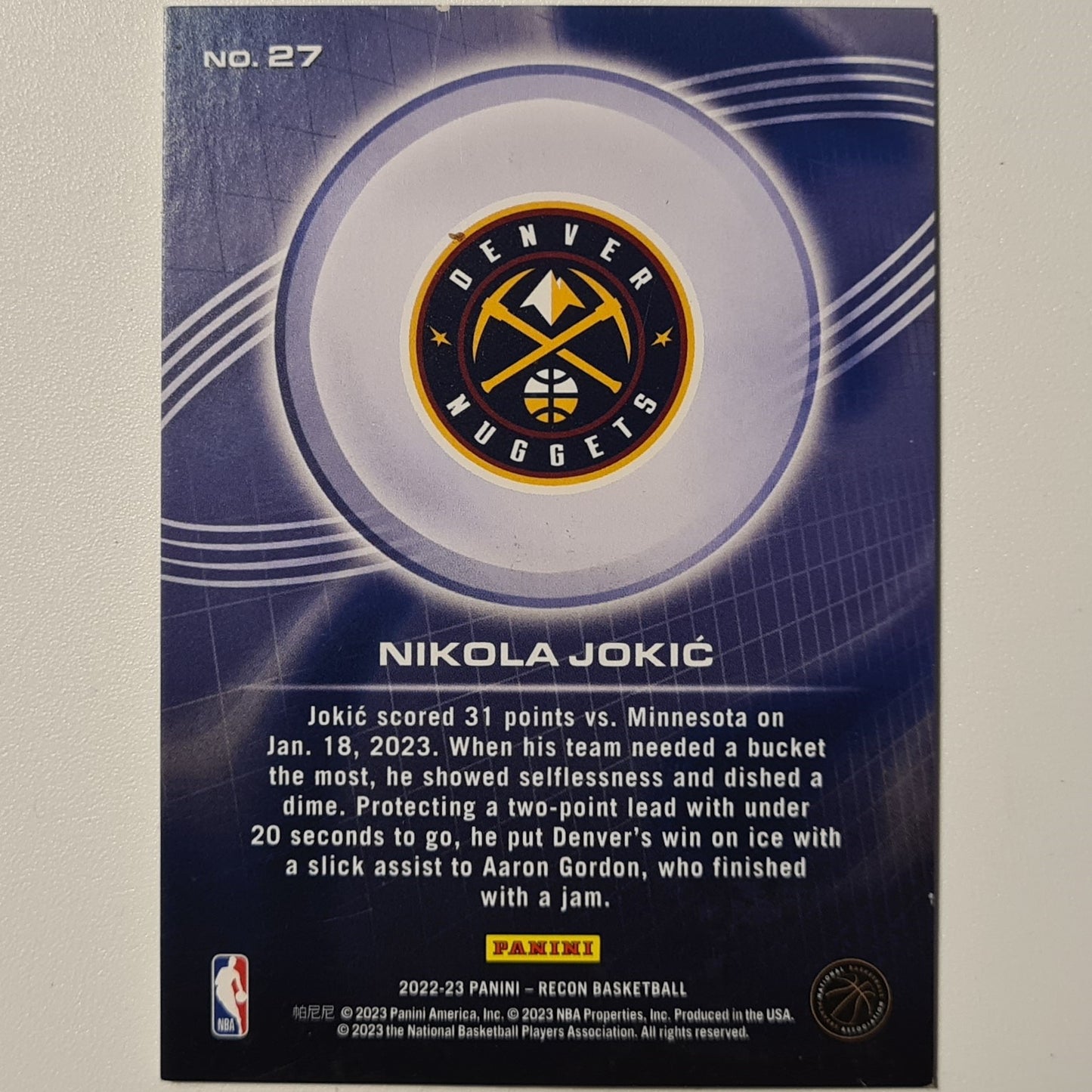 Nikola Jokic 2022-23 Panini Recon #27 NBA Basketball Denver Nuggets very good