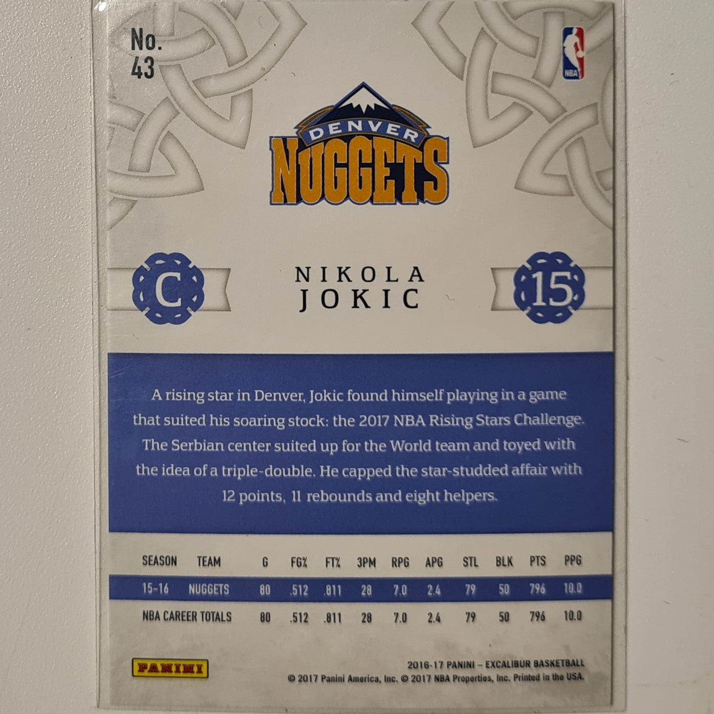 Nikola Jokic 2016-17 Panini Excalibur 2nd year #43 NBA Basketball Denver Nuggets excellent