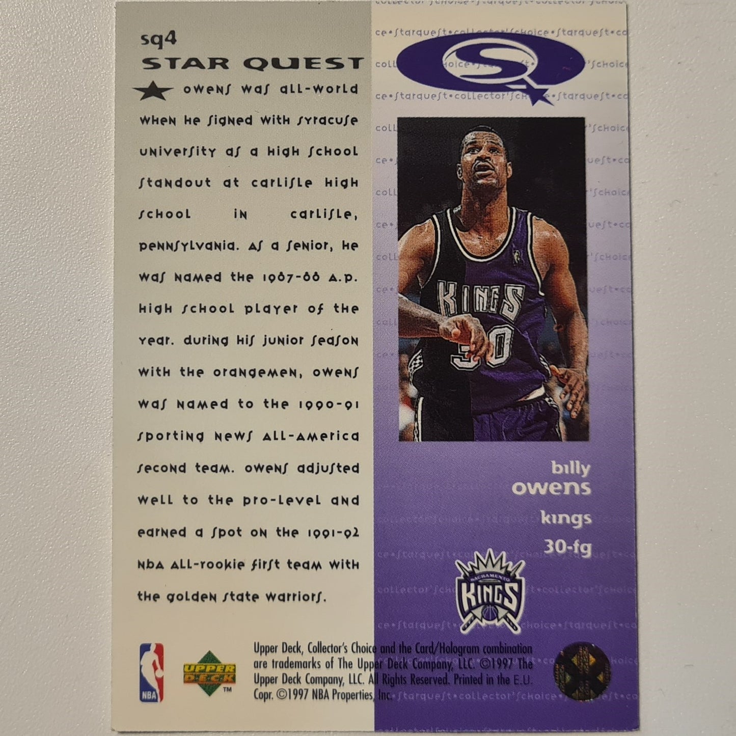 Billy Owens 1997 Upper-Deck Star Quest SQ4 NBA Basketball Sacramento Kings very good Sleeved