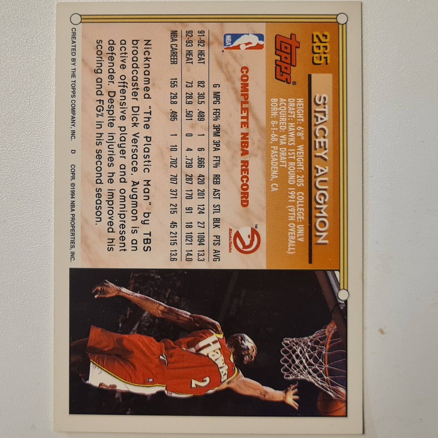 Stacey Augmon 1994 Topps #265 NBA Basketball Atlanta Hawks Excellent + sleeved
