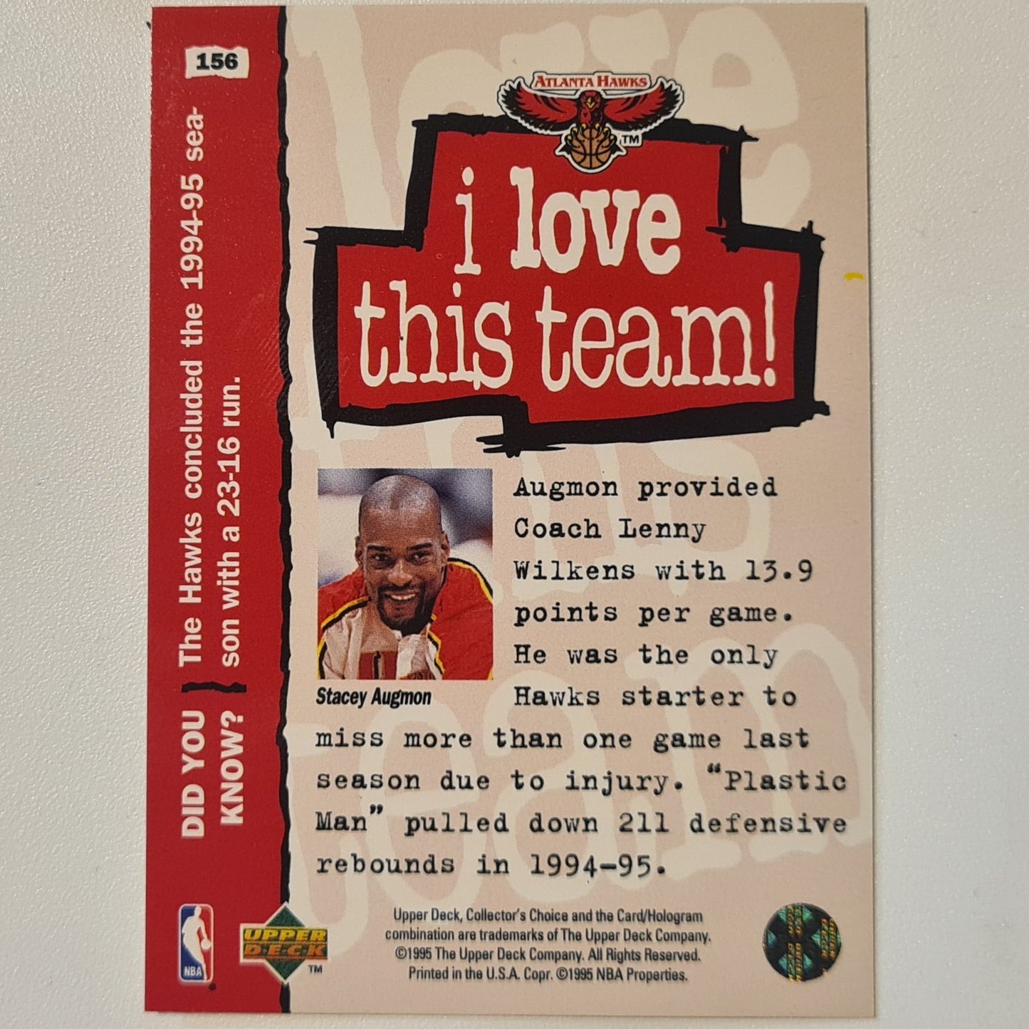 Stacey Augmon 1995 Upper-Deck i love this team #156 NBA Basketball Atlanta Hawks Excellent + sleeved