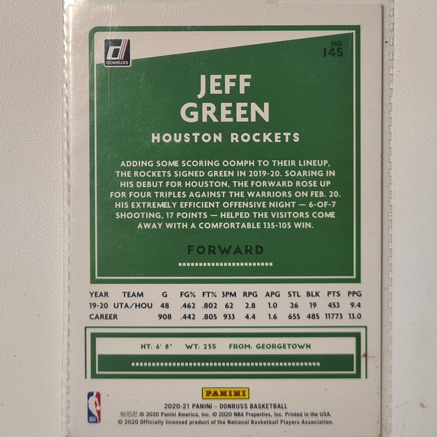 Jeff Green 2020-21 Panini Donruss #145 NBA Basketball Houston Rockets Excellent sleeved