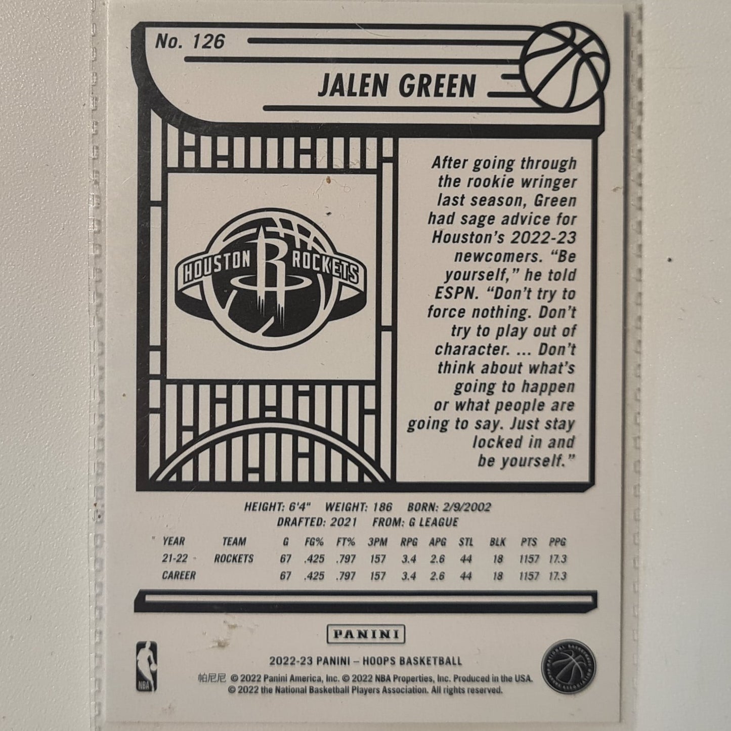 Jalen Green 2022-23 Panini NBA Hoops #126 NBA Basketball Houston Rockets excellent sleeved