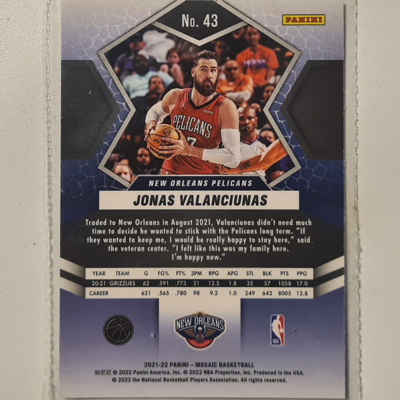 Jonas Valanciunas 2021-22 Panini Mosaic #43 NBA Basketball New Orleans Pelicans excellent +