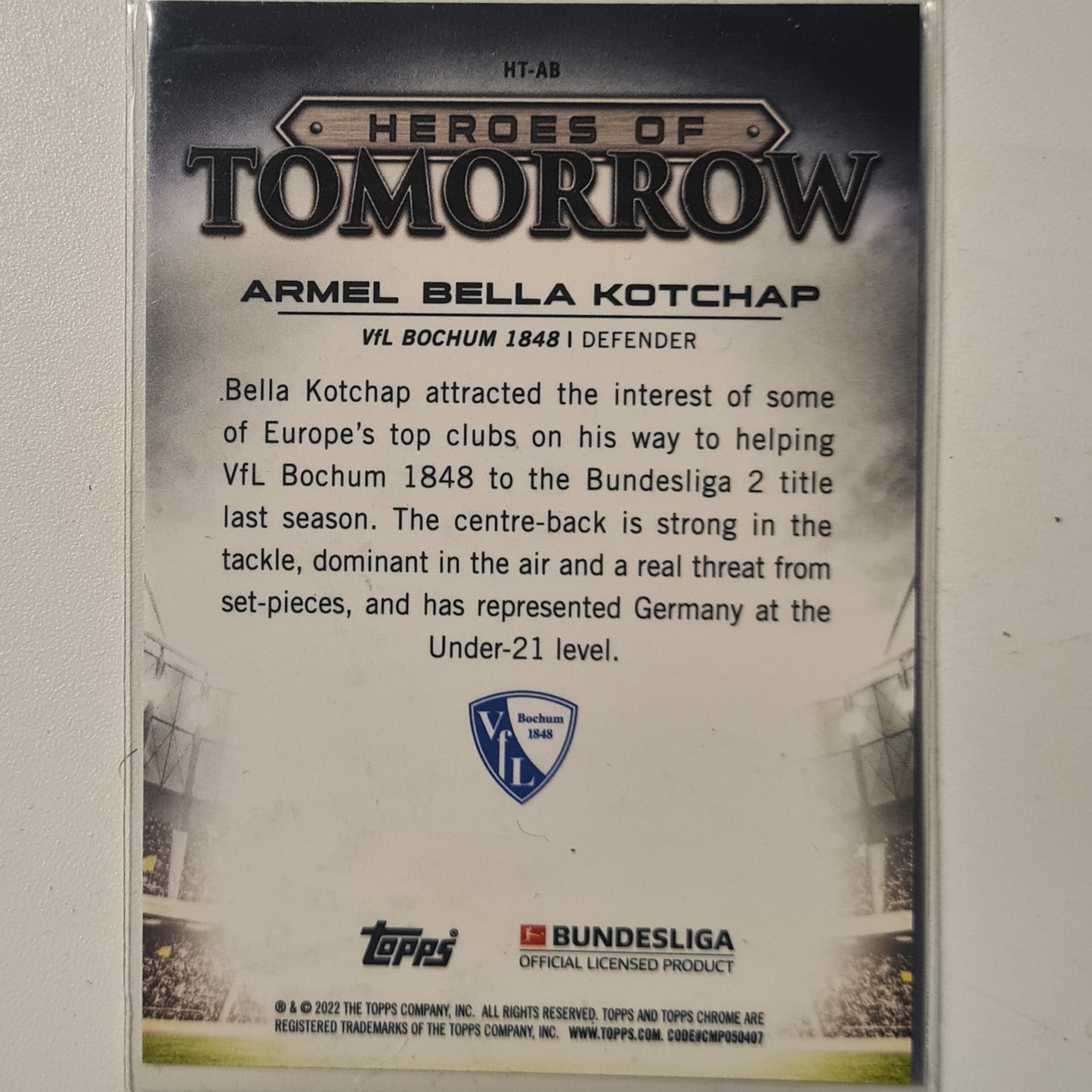 Armel Bella Kotchap 2022 Topps Chrome Bundesliga Heroes of tomorrow rookie BLUE CRACKED ICE HT-AB football Bochum mint sleeved