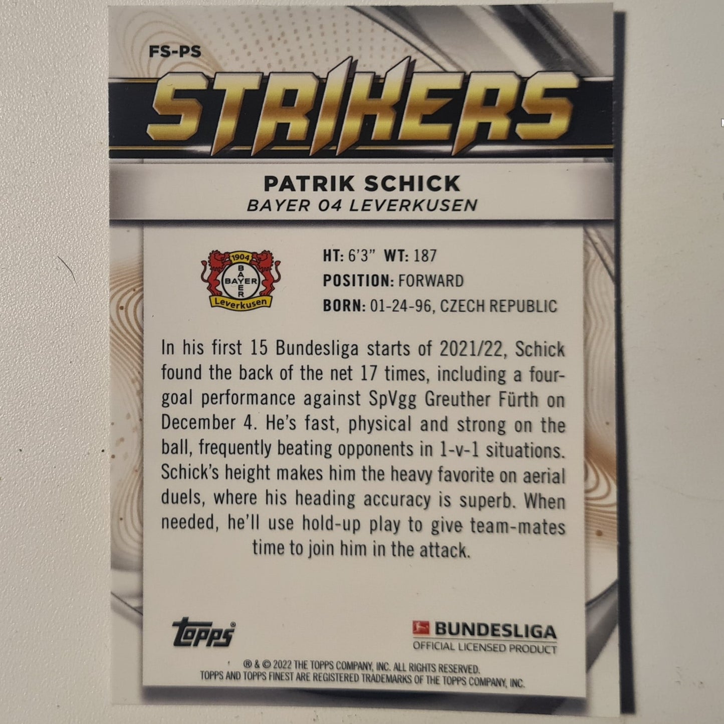 Patrick Schick 2022 Topps finest Bundesliga Refractor FS-PS football Bayer Leverkusen Excellent sleeved