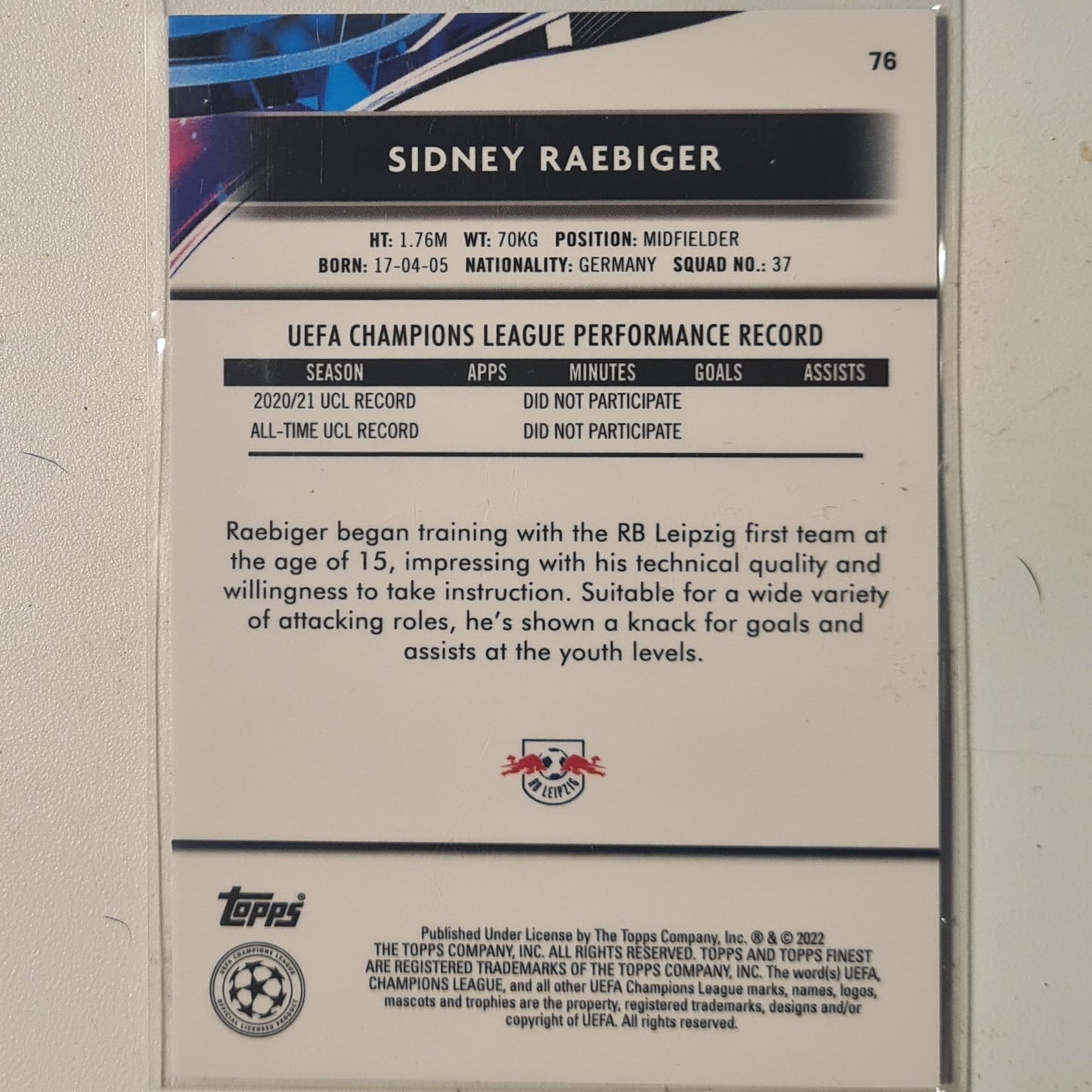 Sidney Raebiger 2022 Topps Finest Rookie RC #76 Soccer Football RB Leipzig Excellent/mint sleeved