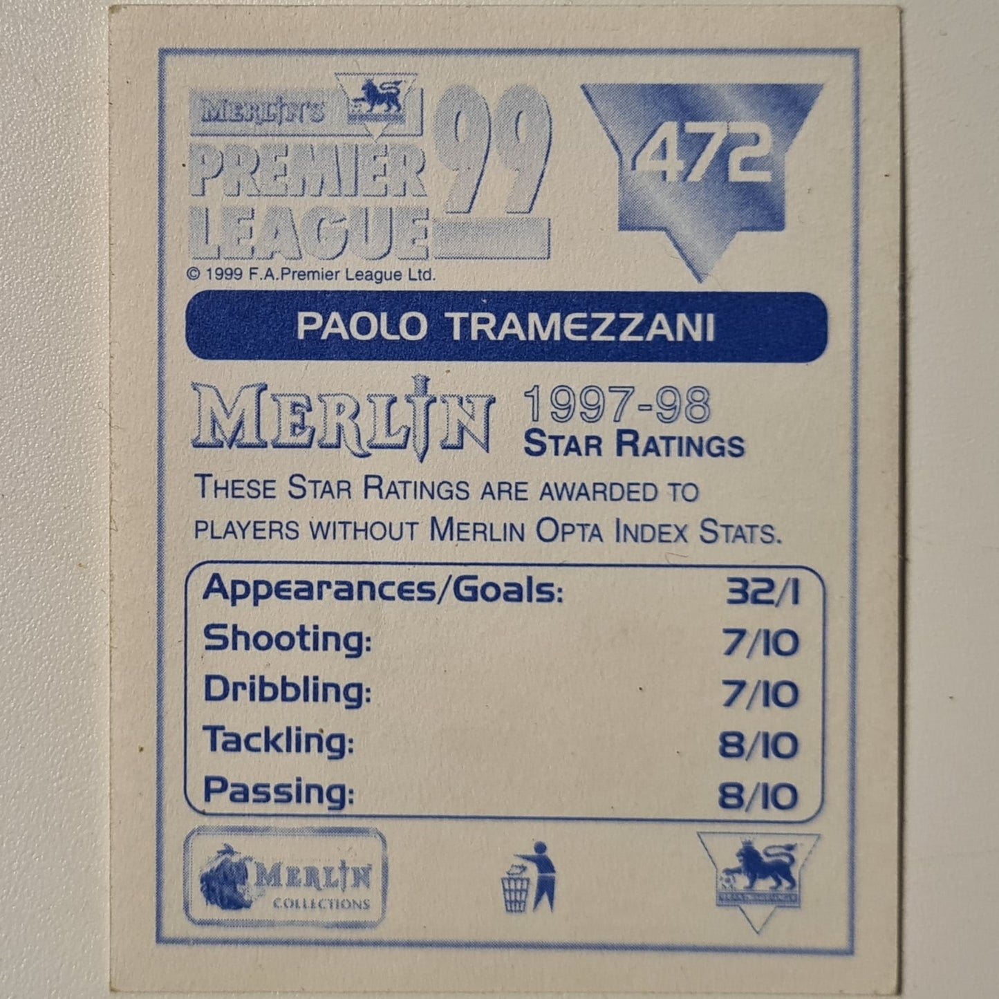 Paolo Tramezzani 1999 Merlin premier league 99 sticker #72Football Leeds United Good