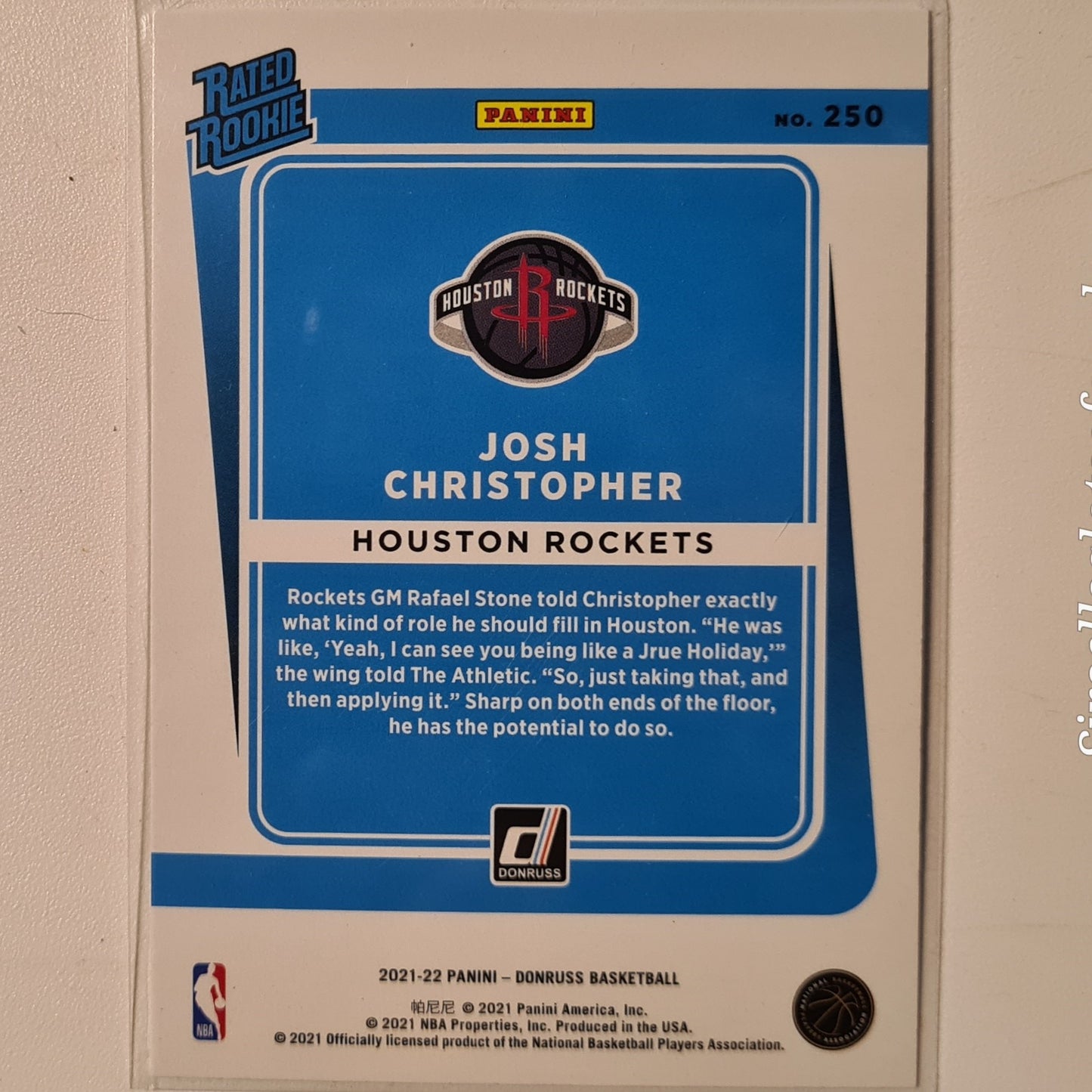 Josh Christopher 2021-22 Panini Donruss Rated Rookie RC #250 NBA Basketball Houston Rockets excellent/mint