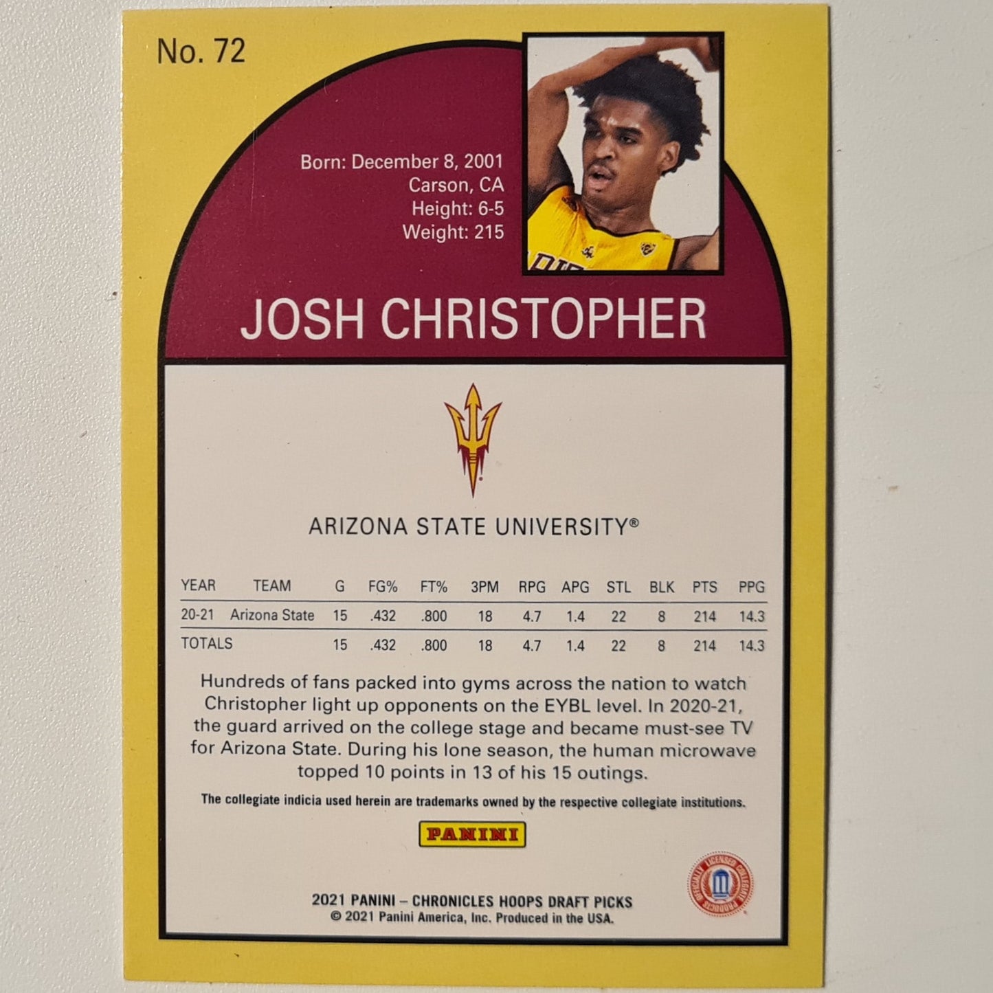 Josh Christopher 2021 Panini Chronicles hoops draft picks RC #72 NBA Basketball Arizona State excellent/mint