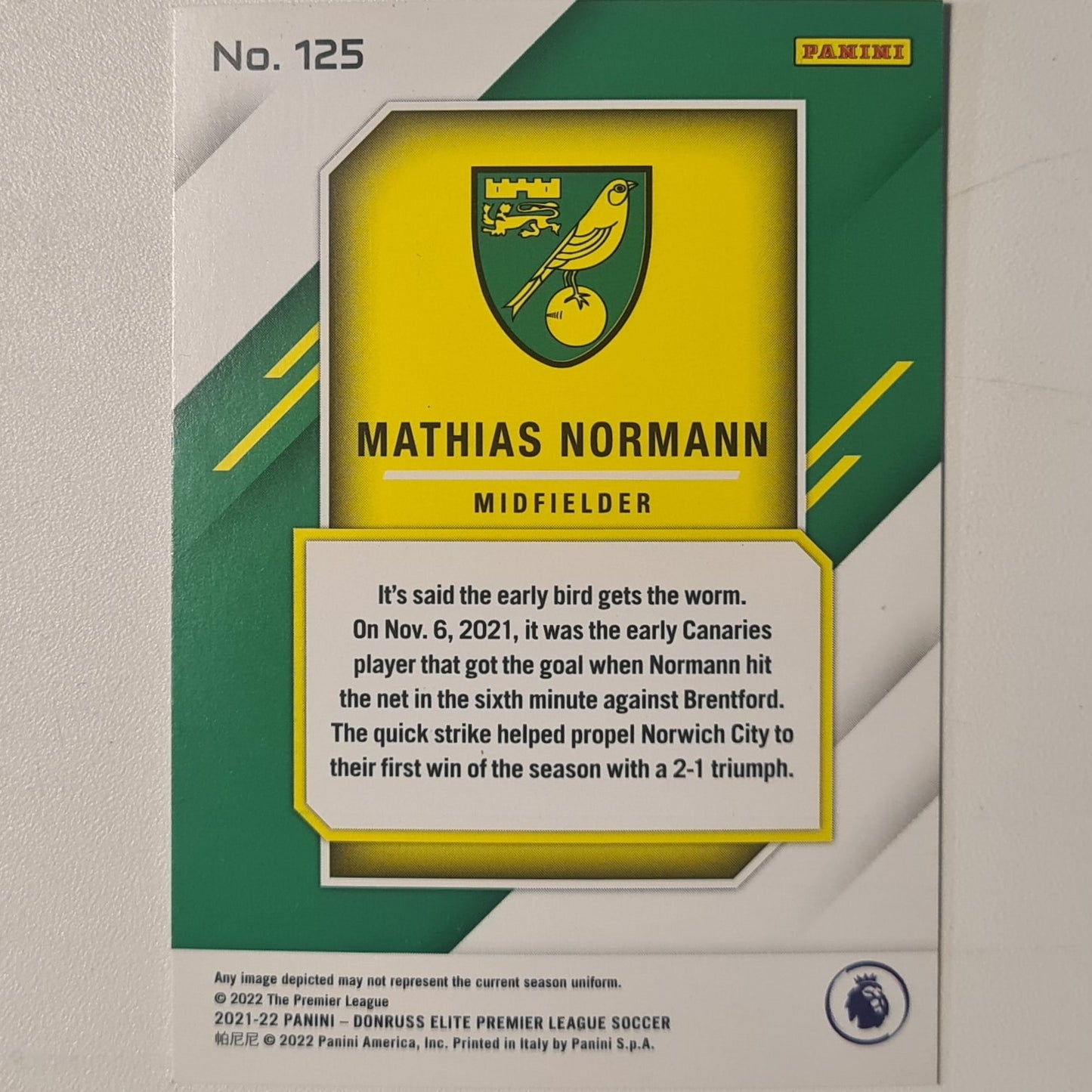 Mathias Normann 2021-22 Panini Elite premier league Rookie RC #125 Football Norwich excellent Sleeved