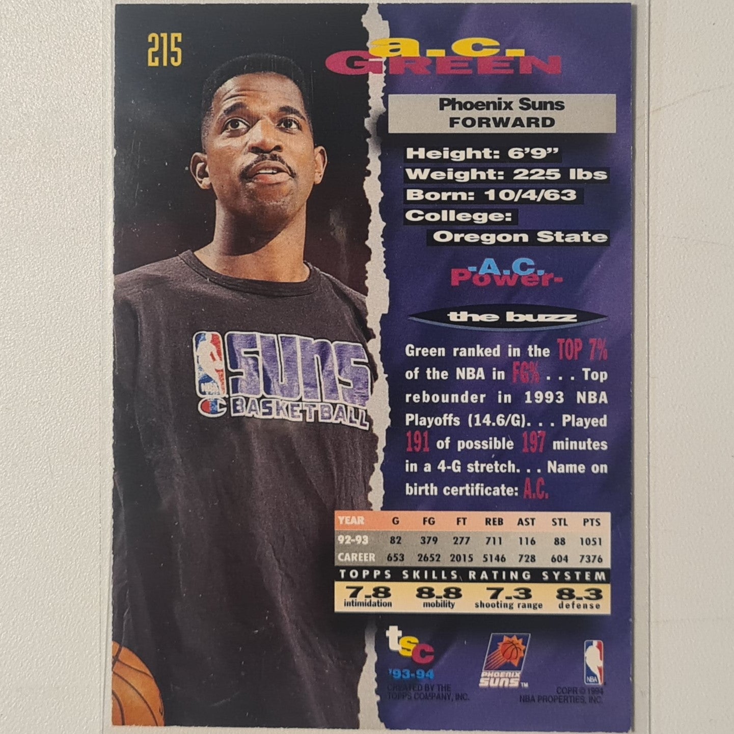 AC Green 1994 Topps Stadium Club #215 NBA Basketball Phoenix Suns Excellent Sleeved